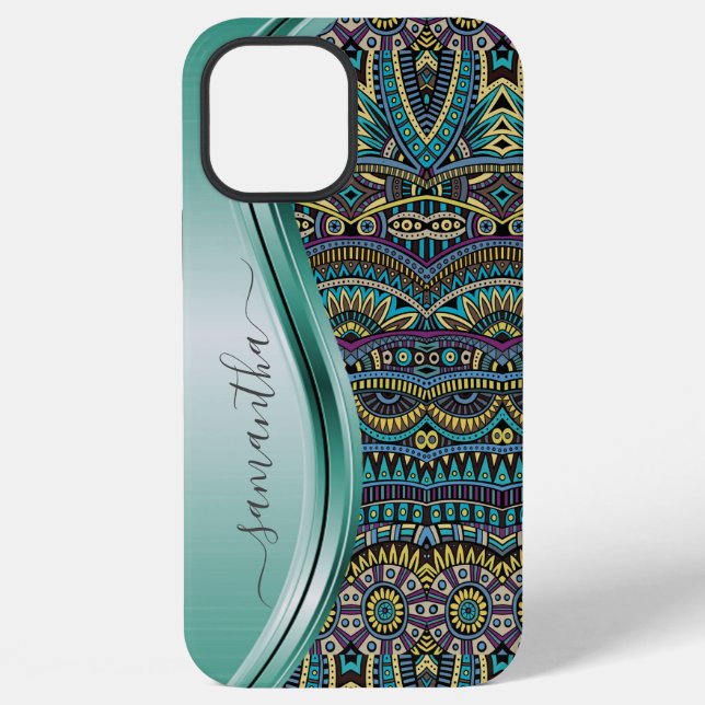 Monogram Name Tribal Teal Pattern iPhone Case (Back)