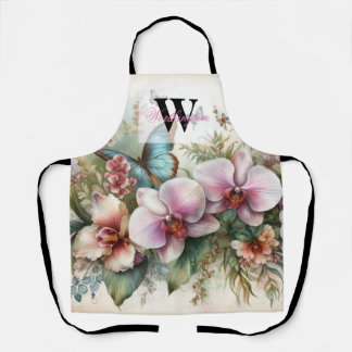 Monogram name Tropical flowers leaves watercolor Apron
