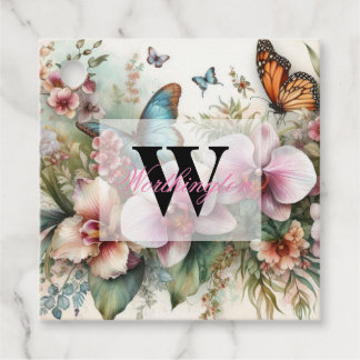 Monogram name Tropical flowers leaves watercolor Favour Tags