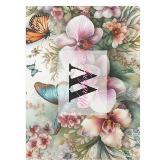 Monogram name Tropical flowers leaves watercolor Tablecloth