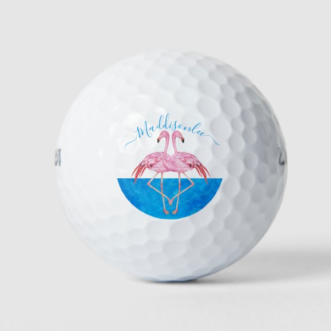 Monogram Name Two Pink Flamingos  Golf Balls (Front)