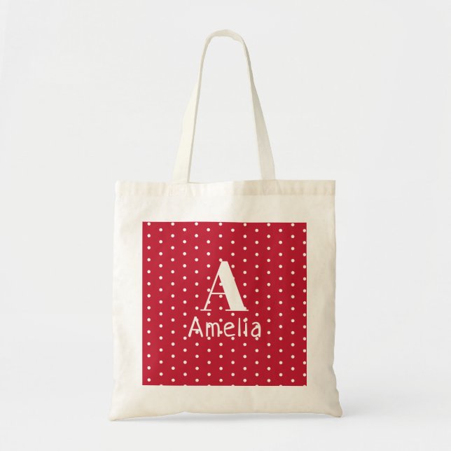 Monogram Name Typography Red Polka Dots Pattern Tote Bag (Front)
