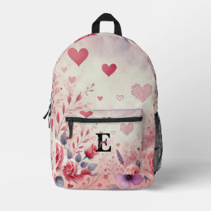 Monogram name Valentine hearts floral watercolor  Printed Backpack