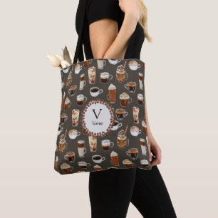 Monogram Name Venti Coffee Lover Brown Tote Bag