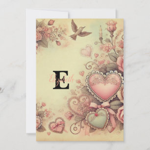Monogram name vintage hearts floral watercolor  holiday card