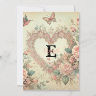 Monogram name vintage hearts floral watercolor  holiday card