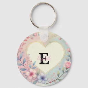 Monogram name vintage hearts floral watercolor key ring