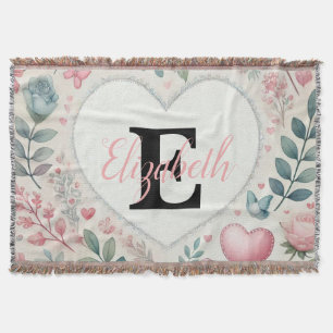 Monogram name Vintage hearts floral watercolor  Throw Blanket