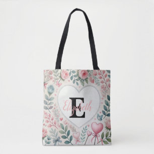 Monogram name Vintage hearts floral watercolor  Tote Bag