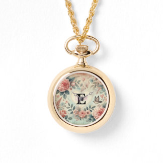 Monogram name vintage hearts floral watercolor  watch