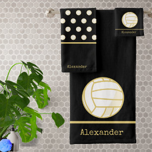 Monogram Name Volleyball Gold Black  Bath Towel Set