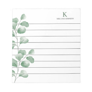 Monogram Name Watercolor Eucalyptus Black Lined Notepad