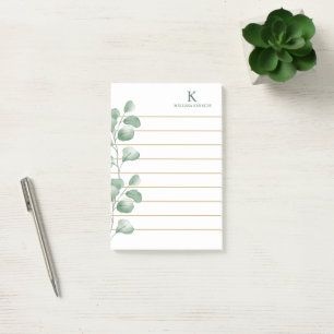 Monogram Name Watercolor Eucalyptus Gold Lined Post-it Notes