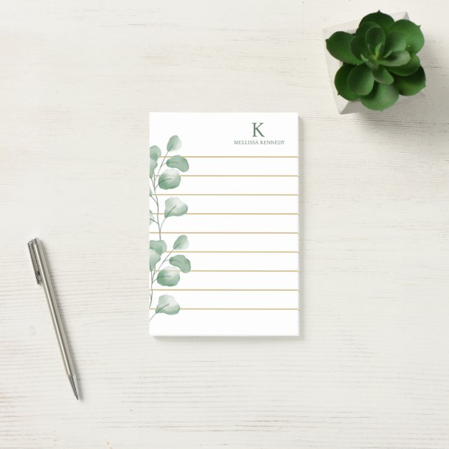 Monogram Name Watercolor Eucalyptus Gold Lined Post-it Notes (Office)