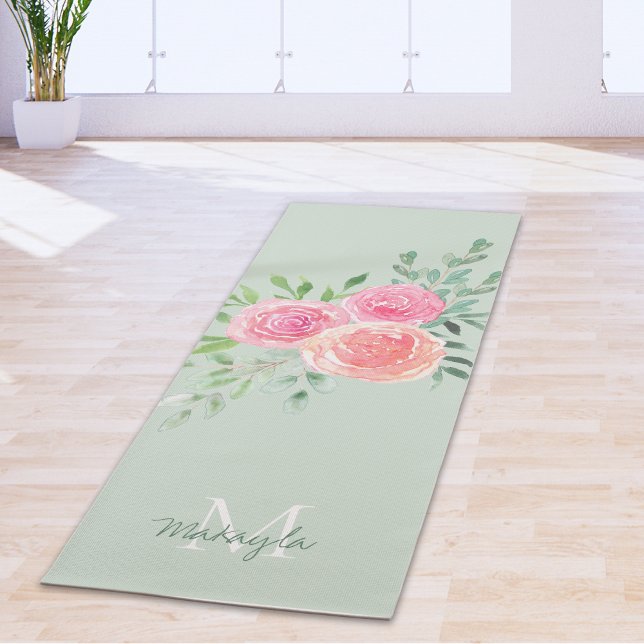 Monogram Name Watercolor Floral Green Yoga Mat (Creator Uploaded)