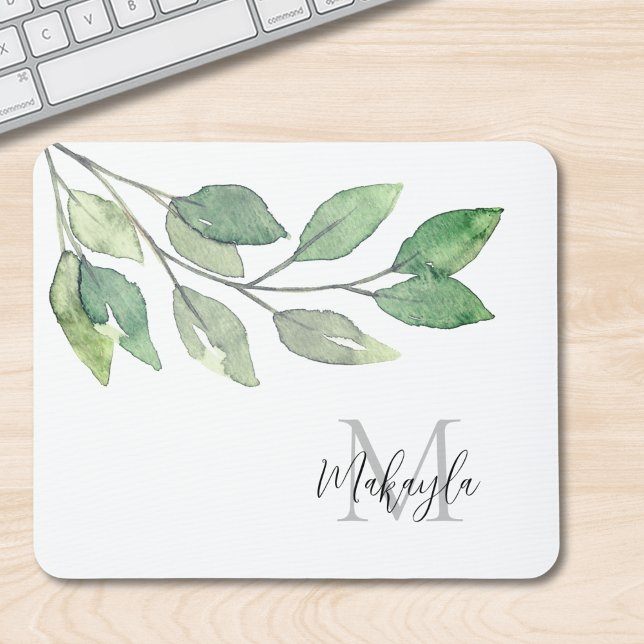 Monogram Name Watercolor Greenery Mouse Pad (Creator Uploaded)