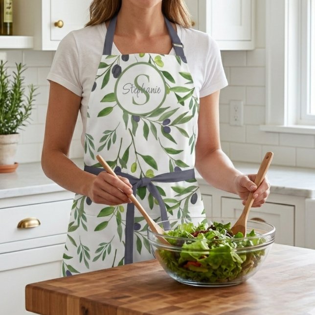 Monogram Name Watercolor Olive Pattern Apron (Creator Uploaded)