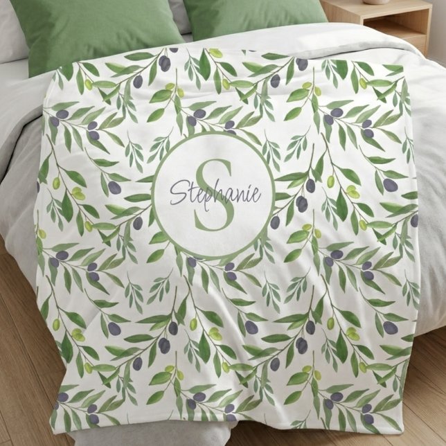 Monogram Name Watercolor Olive Pattern  Fleece Blanket (Creator Uploaded)