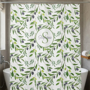 Monogram Name Watercolor Olive Pattern Shower Curtain