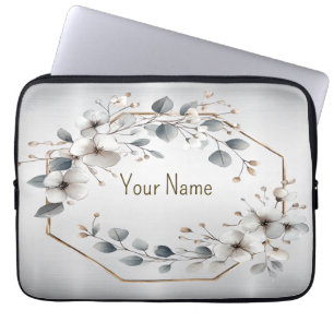 Monogram Name Watercolor White Flower Golden Frame Laptop Sleeve