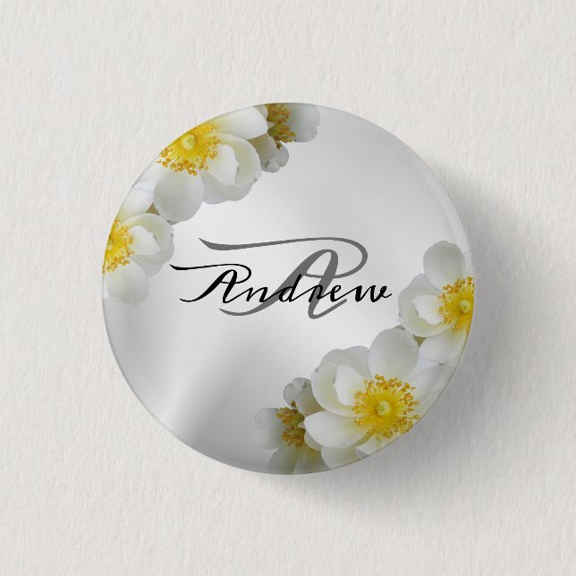 Monogram Name Wedding Party Gift Floral White 3 Cm Round Badge (Front)