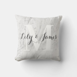 Monogram Name White Grey Marble Wedding Keepsake Cushion