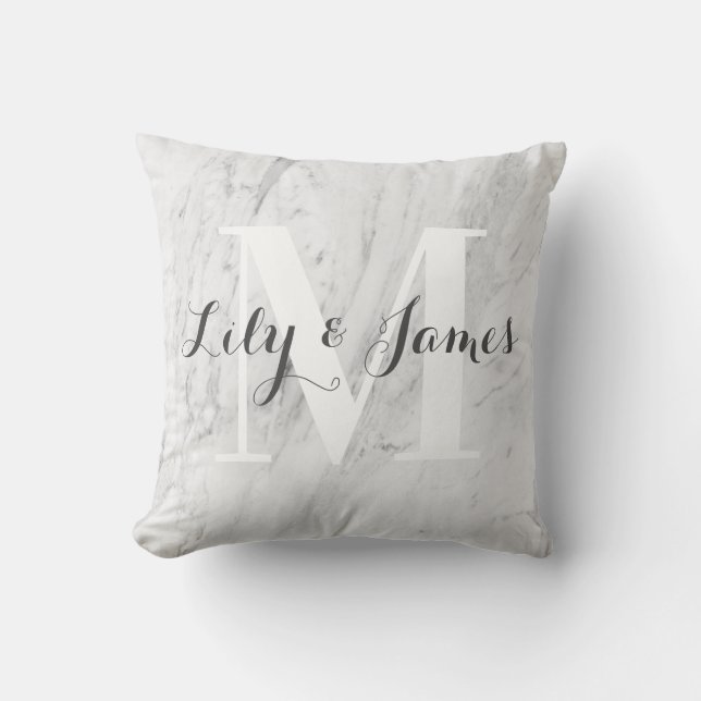 Monogram Name White Grey Marble Wedding Keepsake Cushion (Front)