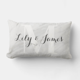 Monogram Name White Grey Marble Wedding Keepsake Lumbar Cushion
