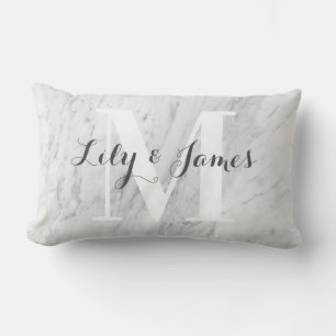 Monogram Name White Grey Marble Wedding Keepsake Lumbar Cushion