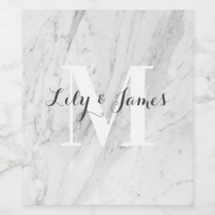 Monogram Name White Grey Marble Wedding Keepsake Wine Label