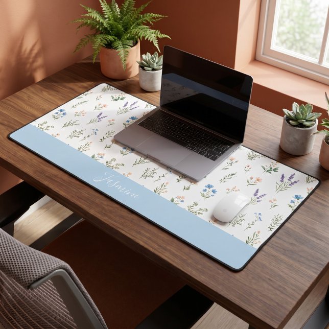 Monogram Name Wildflower Blue Lavender Boho Desk Mat (Creator Uploaded)