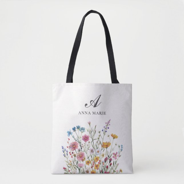Monogram Name Wildflower Boho Chic Tote Bag (Front)