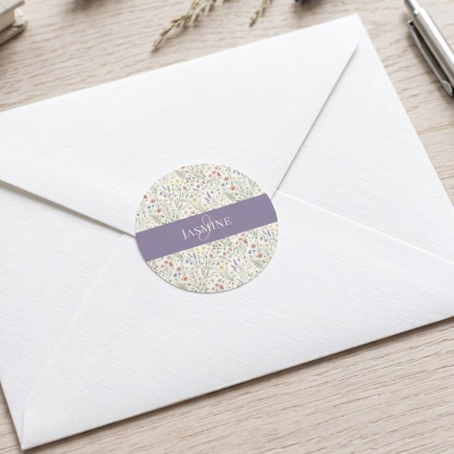 Monogram Name Wildflower Boho Lavender Poppies Classic Round Sticker (Creator Uploaded)