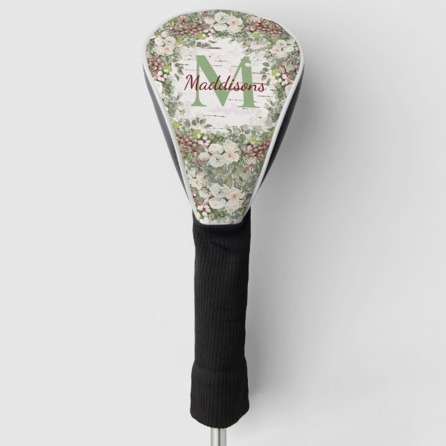 Monogram Name Winter Woodland White Rose Pinecone  Golf Head Cover (Front)
