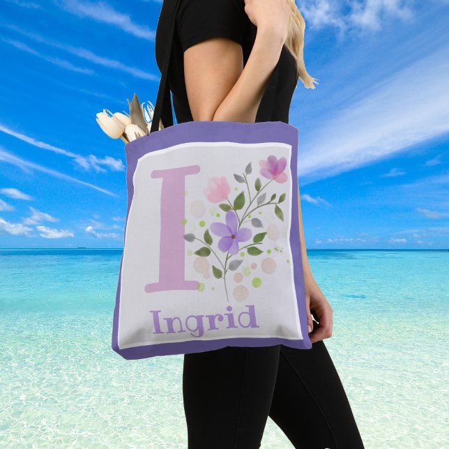 Monogram & Name with Flowers Tote Bag (Ingrid name on a shoulder bag)