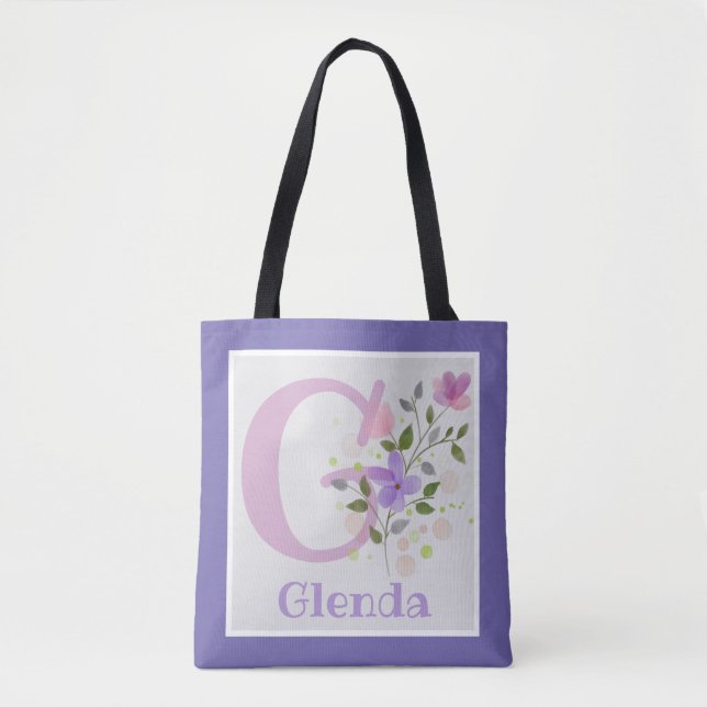 Monogram & Name with Flowers Tote Bag (Front)
