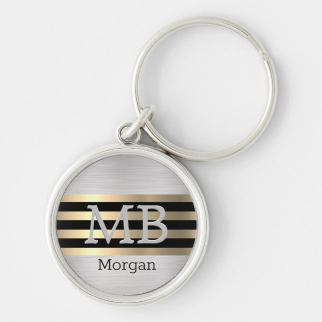 Monogram & Name, Yel Gold Brushed Steel Black Key Ring (Front)