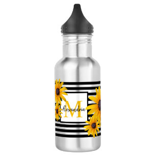 Monogram Name Yellow Flower Black Stripe 532 Ml Water Bottle