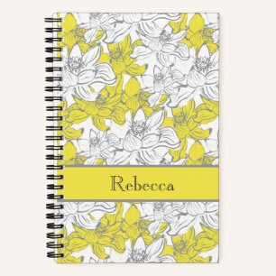Monogram Name Yellow Grey White Floral Flowers Notebook