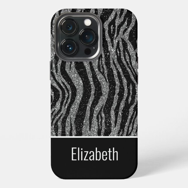 Monogram name  Zebra Print Black Silver Grey iPhone Case (Back)