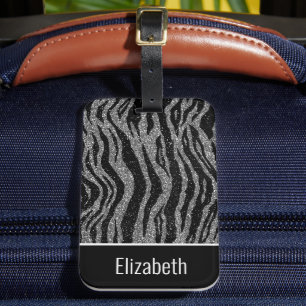 Monogram name Zebra Print Black Silver Grey White Luggage Tag