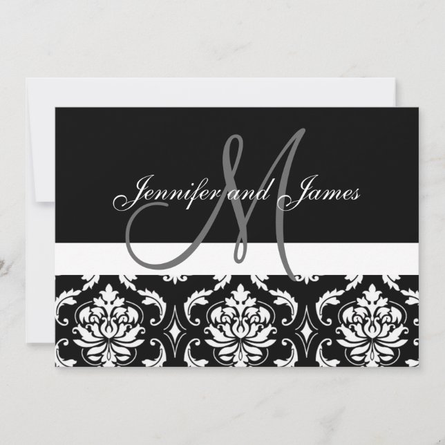 Monogram Names Black Damask Wedding Invitations (Front)