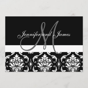 Monogram Names Black Damask Wedding Invitations