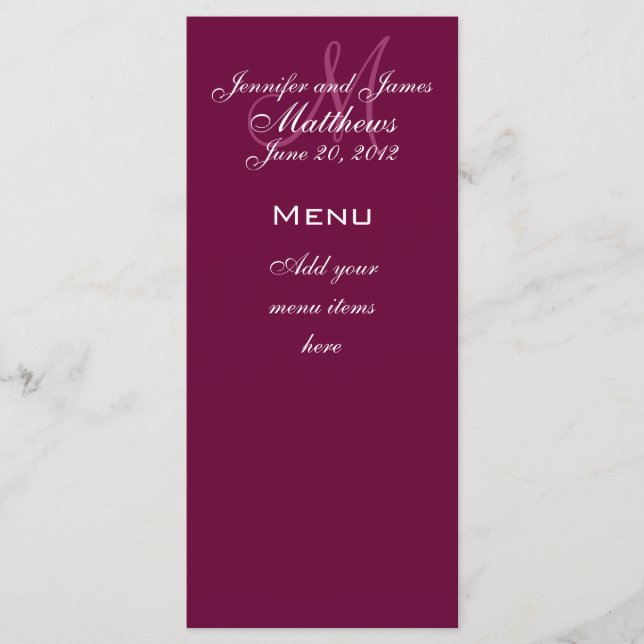 Monogram Names Date Wedding Menu Cards Wine (Front)