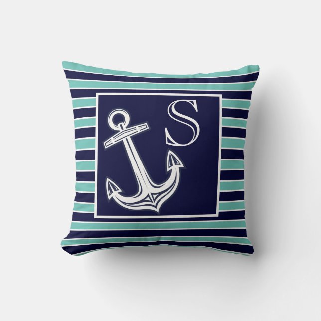  Monogram Nautical Anchor Navy Blue Teal stripes Cushion (Front)