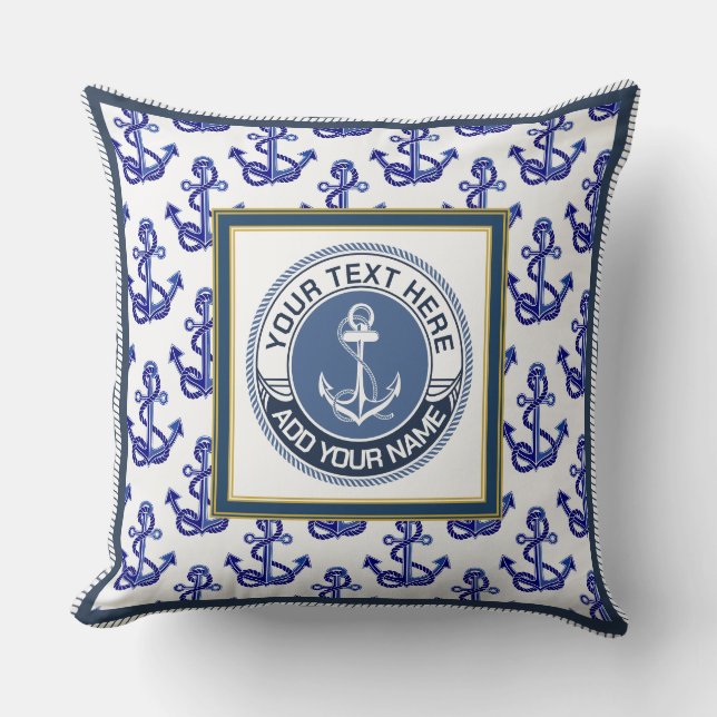 Monogram Nautical Anchor Pattern and Blue White Cushion (Front)