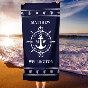 Monogram Nautical Anchor Personalised Beach Towel