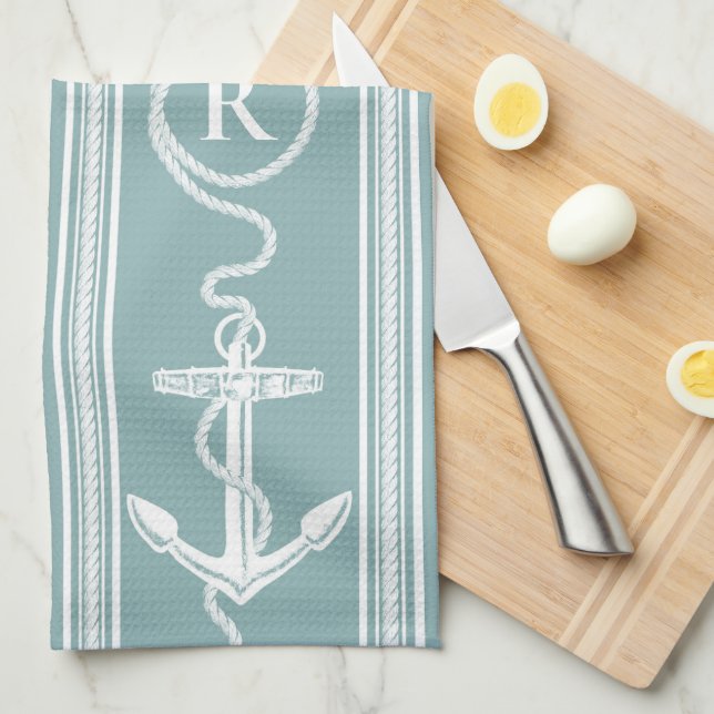 Monogram Nautical Anchor Rope Neutral Turquoise Tea Towel (Quarter Fold)
