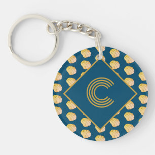 Monogram Nautical Blue Gold Watercolor Clam Shells Key Ring