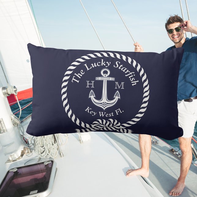 Monogram Nautical Boat Name Anchor Rope Navy Blue  Cushion (Creator Uploaded)